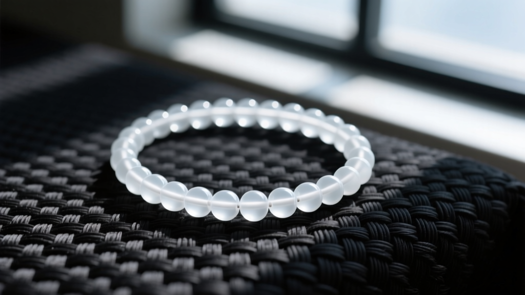 Close-up of a single-strand ghost bead necklace featuring translucent matte white glass beads resting on dark woven fabric.