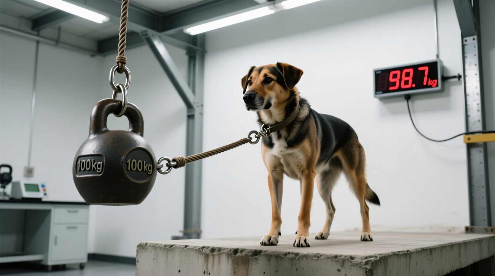 Testing dog leash strength with weight hanging