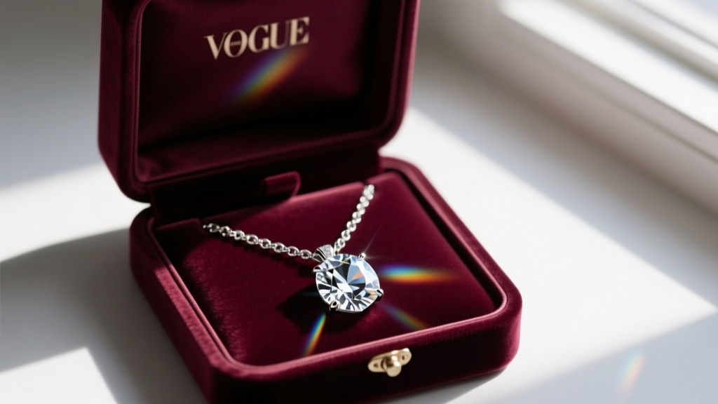 Open velvet box revealing a rhodium-plated necklace with a large Xilion-cut clear Austrian crystal pendant under soft spotlight.