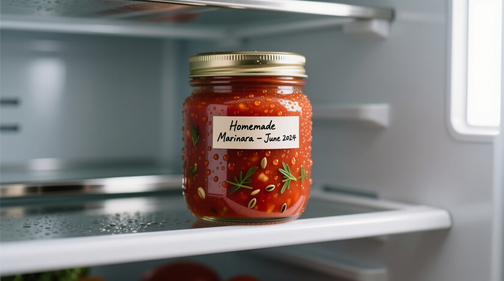 Glass jar with tomato sauce stored in refrigerator