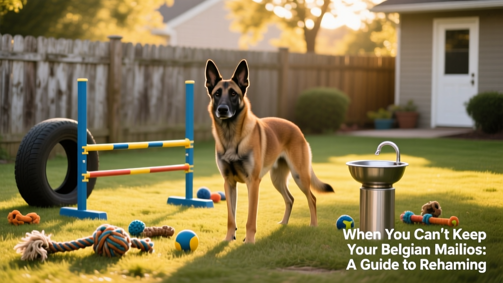 A serene, fenced backyard with agility equipment, toys, and a water station—ideal environment for a Belgian Malinois