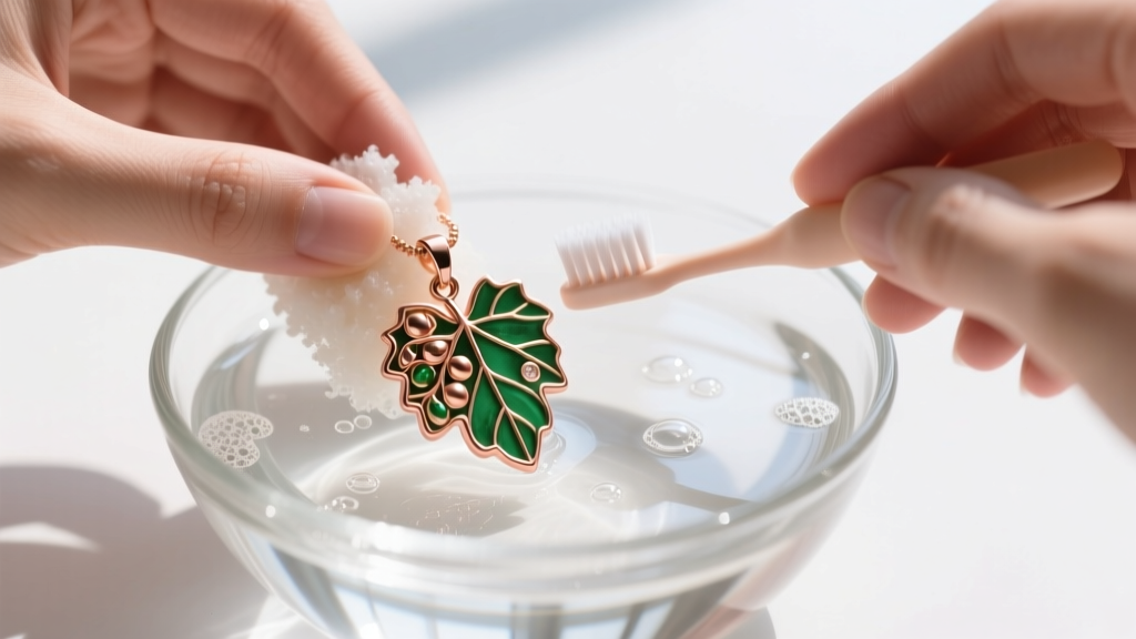 Hands gently scrubbing a delicate rose and green gold grape leaf pendant with a soft baby toothbrush in soapy distilled water bowl