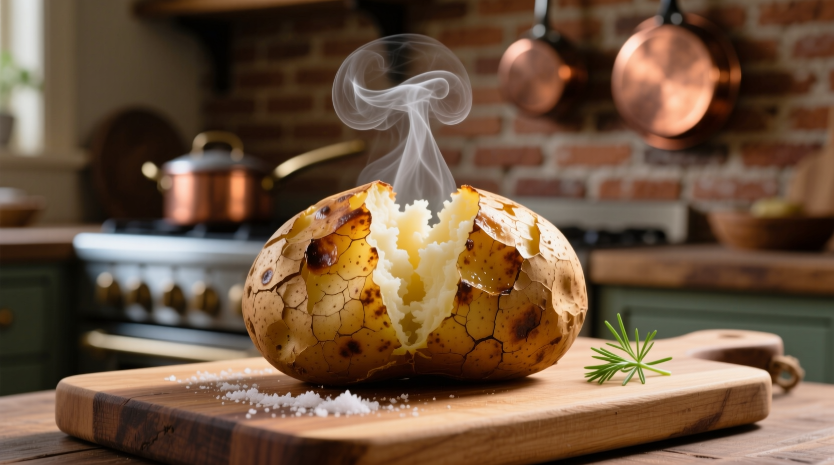 Perfectly cooked baked potato with steam rising