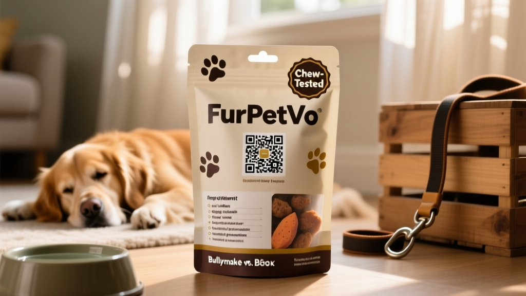 Close-up of a FurPetVo treat package showing QR code, ingredient list, and 'Chew-Tested' certification badge