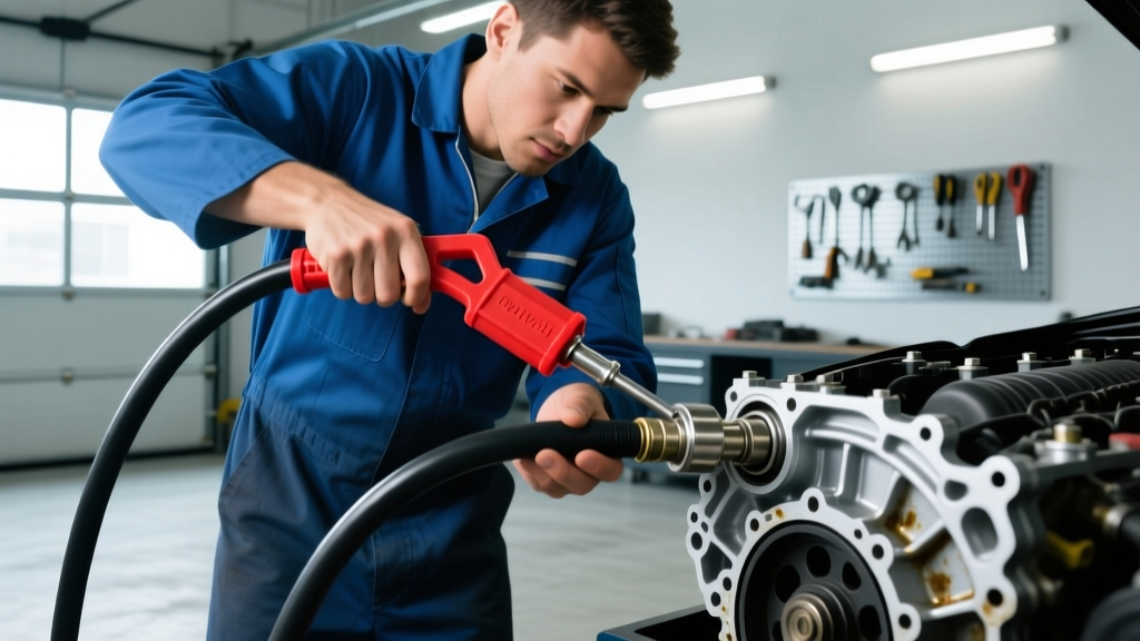 Mechanic using a plastic quick-connect disconnect tool to release a transmission cooler line from the gearbox housing
