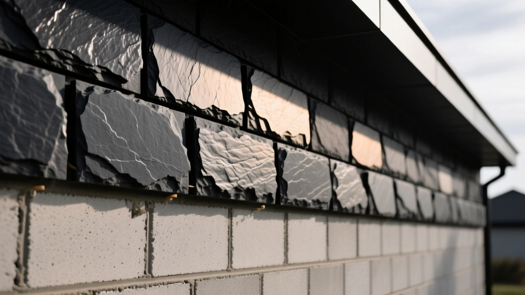 Close-up of matte black manufactured stone veneer panels being aligned on a moisture-barrier prepped exterior cinder block wall