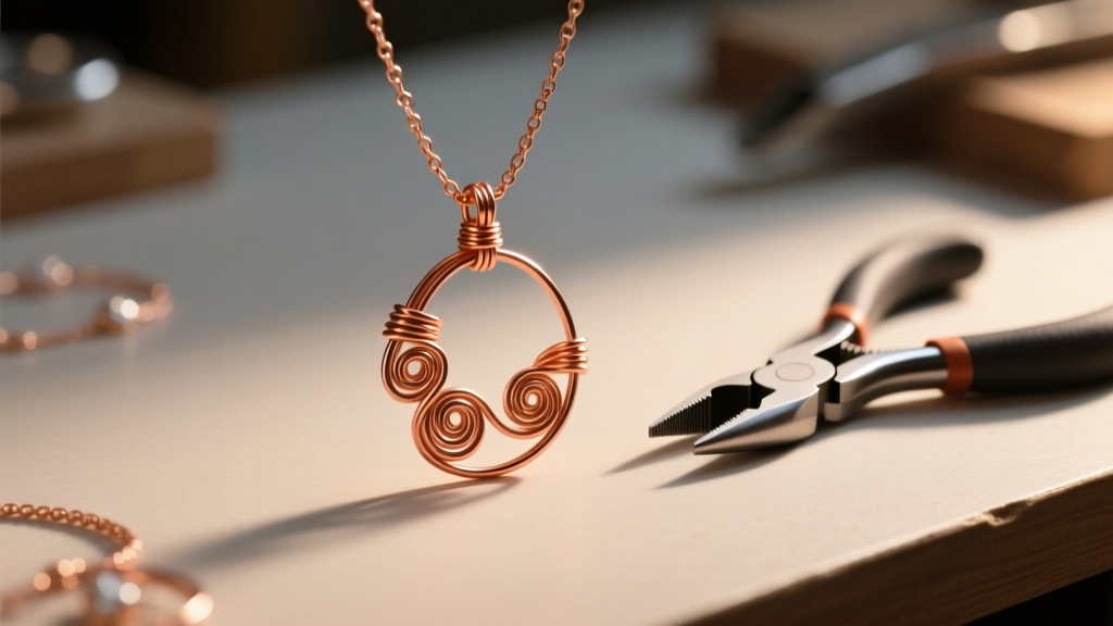 Beginner jewelry workbench with 20-gauge copper wire, round nose pliers, and a half-finished wire pendant under warm lighting.
