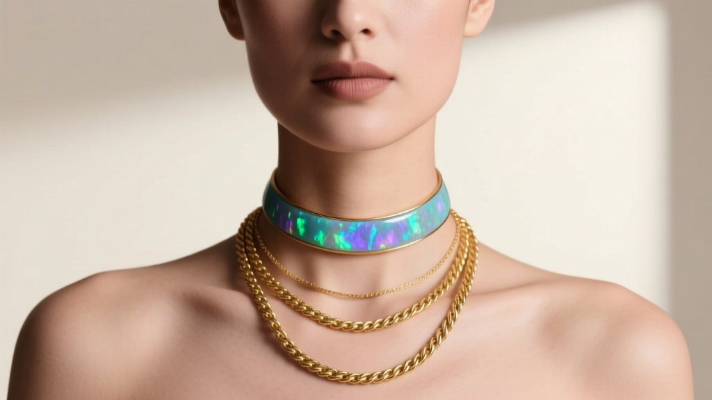 Woman wearing a layered necklace stack with a delicate turquoise opal choker and a longer 18k gold rope chain, soft studio light.