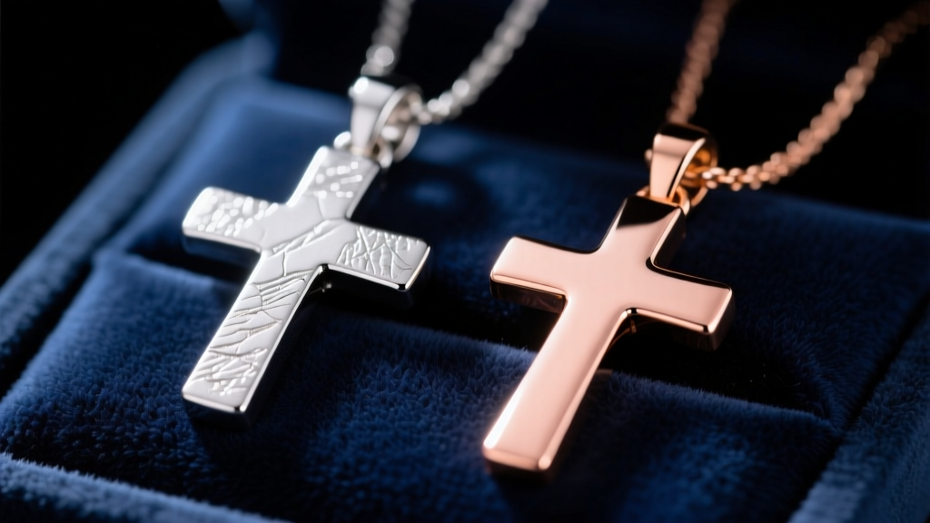 Macro view of a brushed platinum cross pendant next to a high-polish 18k rose gold cross pendant on a dark velvet jewelry display