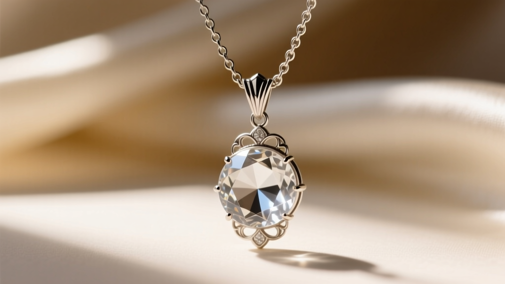 Close-up of an antique 1920s pools of light necklace featuring a spherical rock crystal quartz pendant on a delicate platinum chain.