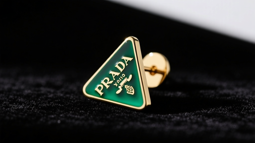 Close-up of a Prada triangle enamel earring on black velvet, showing crisp edges and gold-tone brass base under studio light.