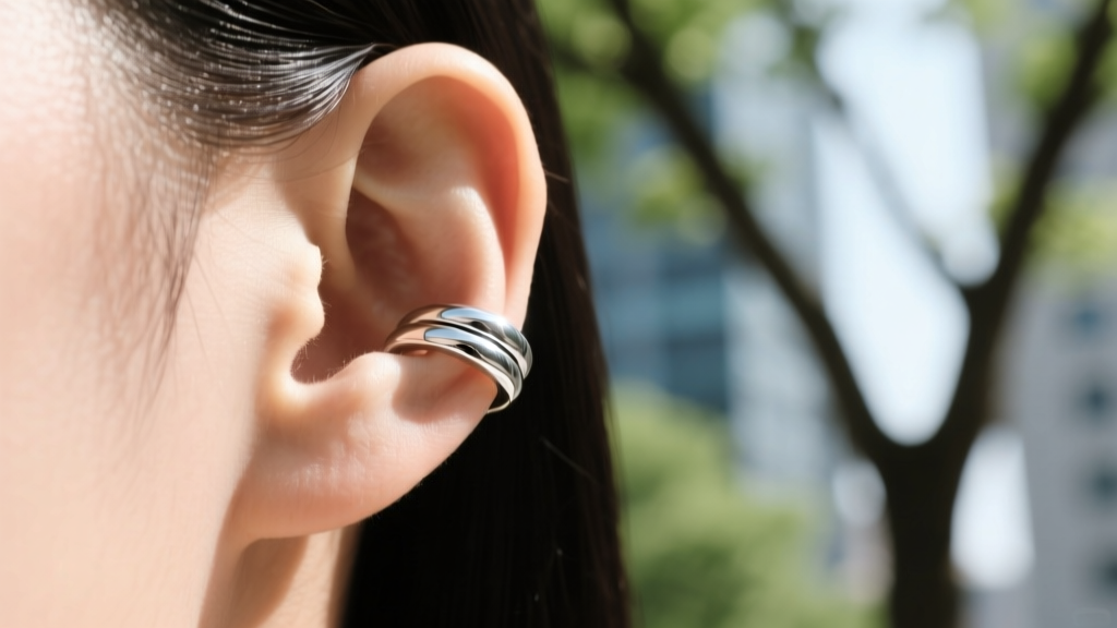 Close-up of a silver sloth ear cuff wrapping around upper cartilage, showcasing a secure fit and polished metal finish outdoors.