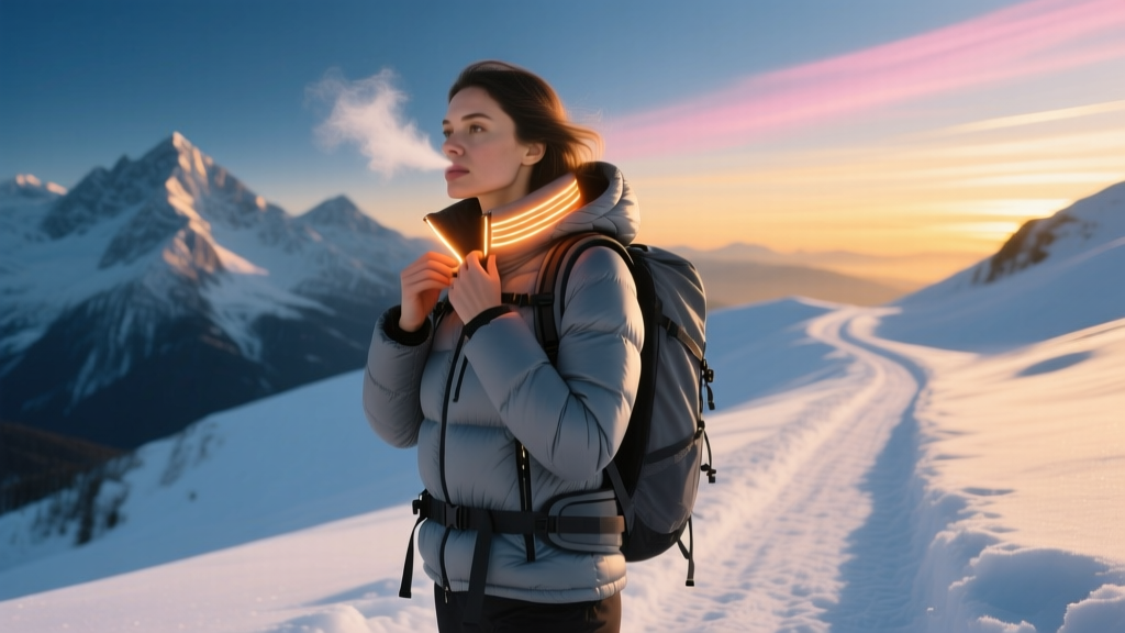 Woman adjusting a glowing heated down jacket collar while standing on a snow-dusted alpine trail at sunrise with a hiking backpack