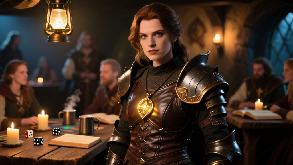 Cosplayer in leather armor wearing a glowing enamel bronze pendant, illuminated by warm tavern lighting at a tabletop gaming event.