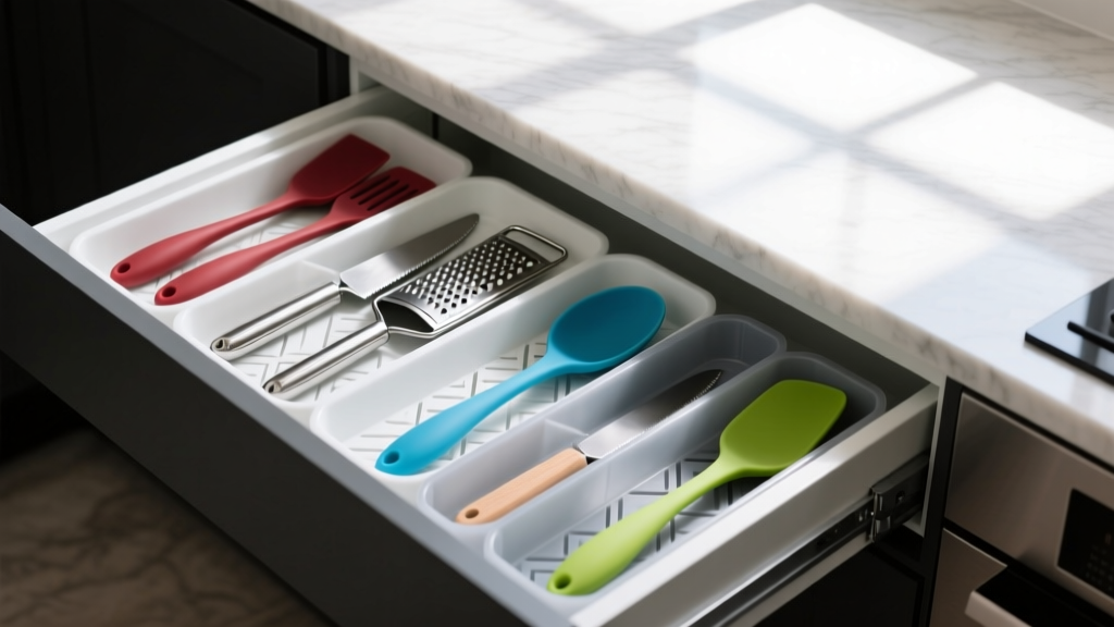 Overhead view of deep drawer featuring modular polyetherimide trays organizing microplane graters and offset spatulas