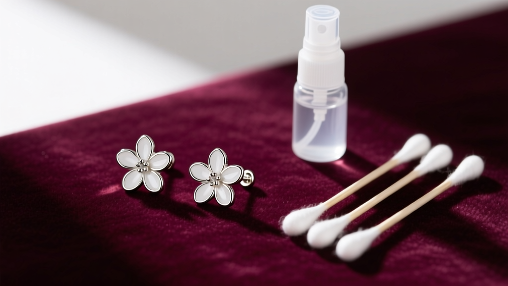 Flat lay of titanium small flower earrings with white enamel petals on velvet, next to sterile saline spray and cotton swabs.