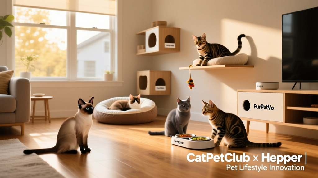 A happy multi-cat household with FurPetVo shelves, beds, and feeding stations thoughtfully arranged in a sunlit living space