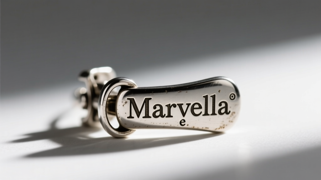 Macro photography of a vintage Marvella earring clasp showing the stamped hallmark and a silver-tone paddle-back clip mechanism.