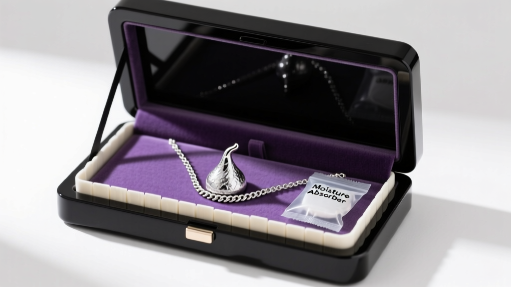 Airtight jewelry box with anti-tarnish strips, silica gel, and a neatly coiled sterling silver Hershey kiss necklace stored safely.