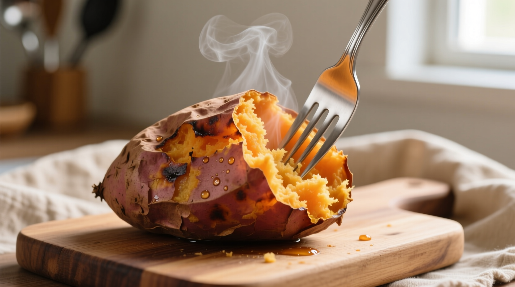 Microwaved sweet potato with fork showing fluffy interior