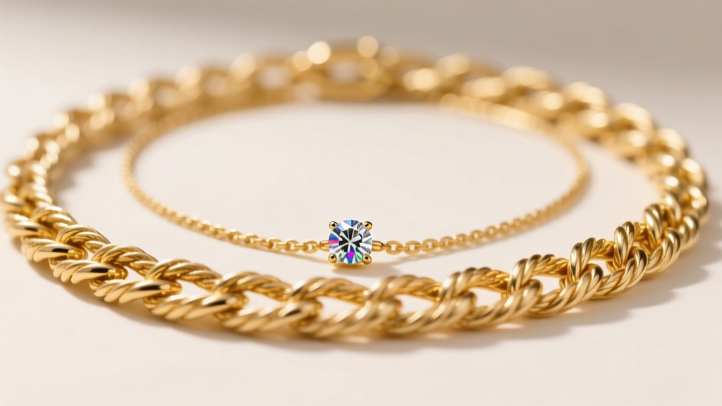 Macro shot of layered gold necklaces highlighting a 17-inch rope chain, showing detailed link textures and a small diamond pendant