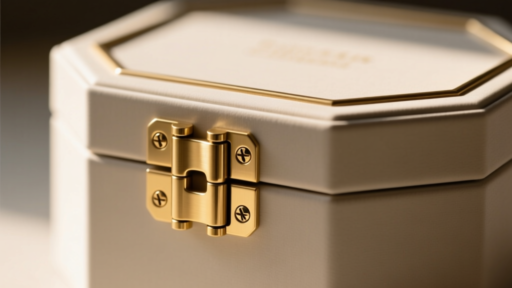 Close-up of dual solid brass stop hinges mounted on the rear facet of an octagon jewelry box lid showing precise screw alignment.