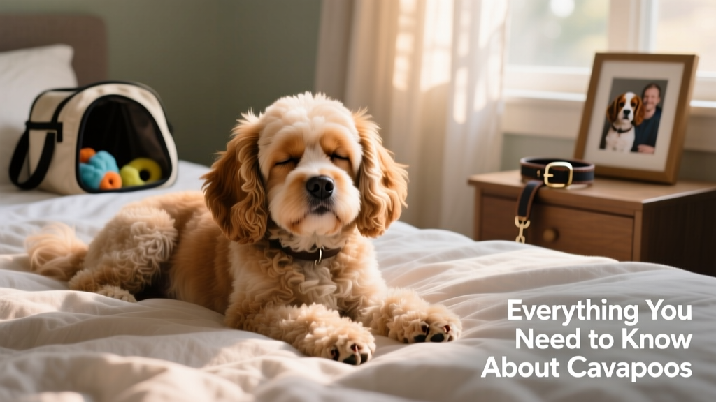 Cavapoo dog resting comfortably in bed