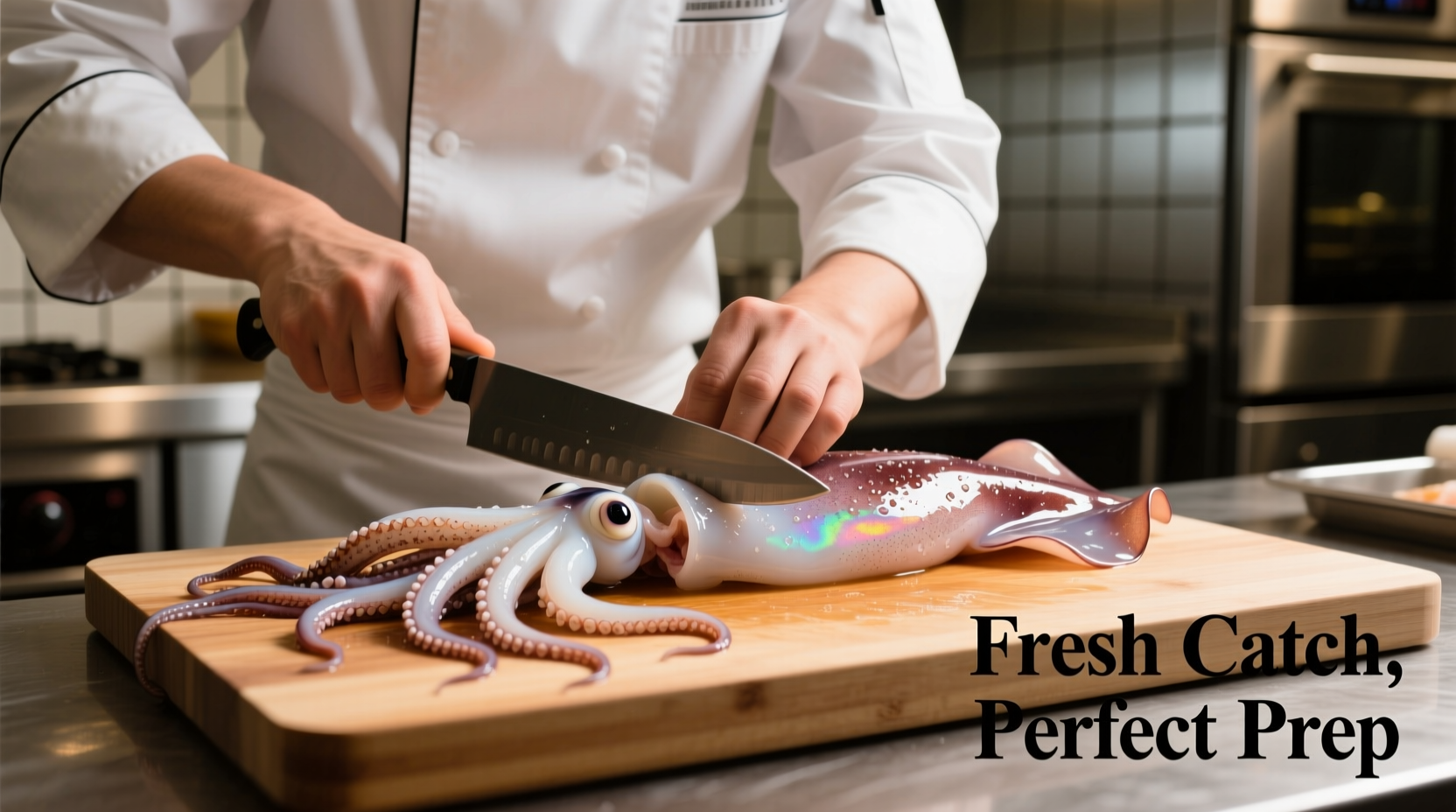 Chef cleaning fresh squid on cutting board