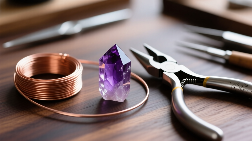 Beginner wire wrapping workspace with 20-gauge copper wire, round nose pliers, and raw amethyst crystal on dark wood