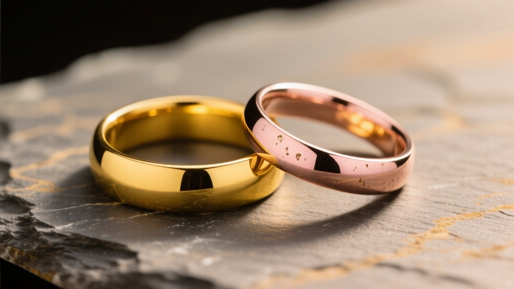 Close up of 14k yellow and 18k rose gold rings on slate showing subtle patina and polished contrasts under soft warm lighting
