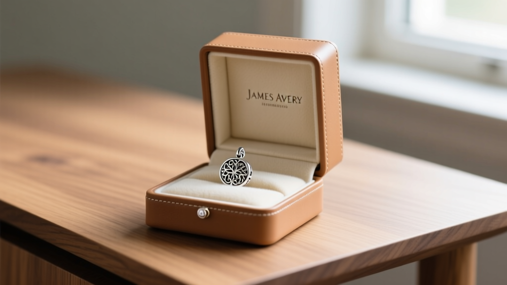 A tan James Avery jewelry box on a wood desk, open to show the cream anti-tarnish velvet interior and a sterling silver charm.