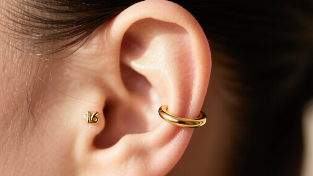 Profile of an ear wearing a 16-gauge 14k gold seamless helix hoop, highlighting wire thickness against the upper cartilage fold