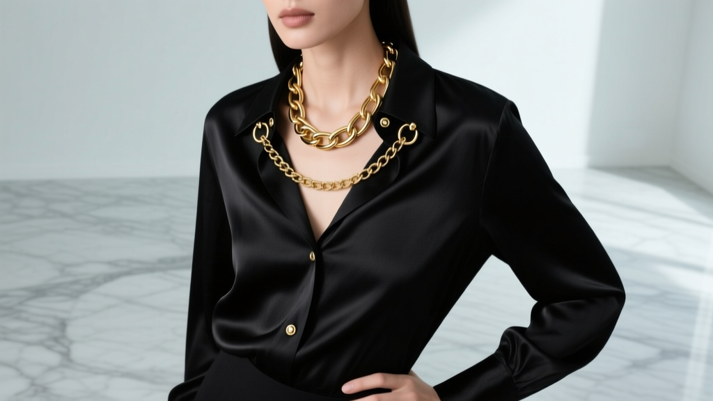 Black silk blouse featuring an integrated gold-plated chain necklace anchored by reinforced grommets at the collarbone on marble