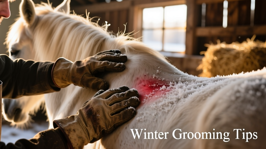 Close-up of a groomer’s hands checking a horse’s shoulder for blanket rubs and skin irritation