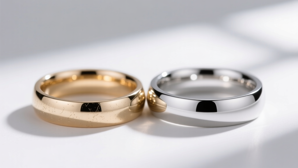 Macro shot of 18k white gold and platinum bands side-by-side, showing subtle differences in metal patina and high-polish finish