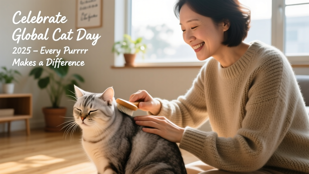 A person gently brushing a relaxed senior cat while smiling