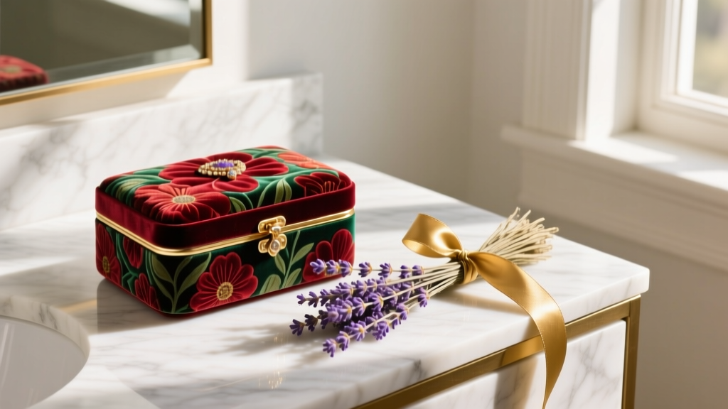 Floral velvet Anthropologie jewelry box on a marble vanity beside dried lavender and a gold ribbon, lit by warm morning sunlight