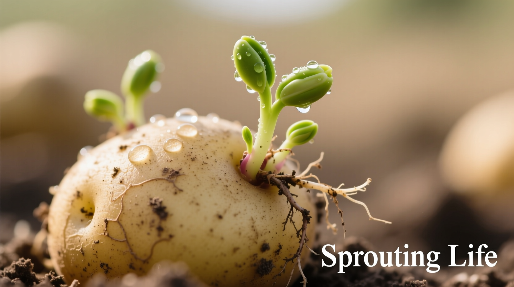 Close-up of firm sprouted potato with small sprouts
