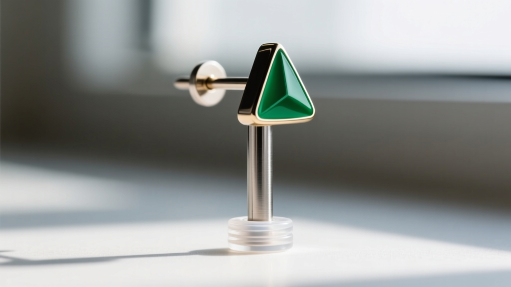 Close-up of a 20-gauge titanium earring post with a clear silicone friction disc, securing a top-heavy green enamel triangle stud.