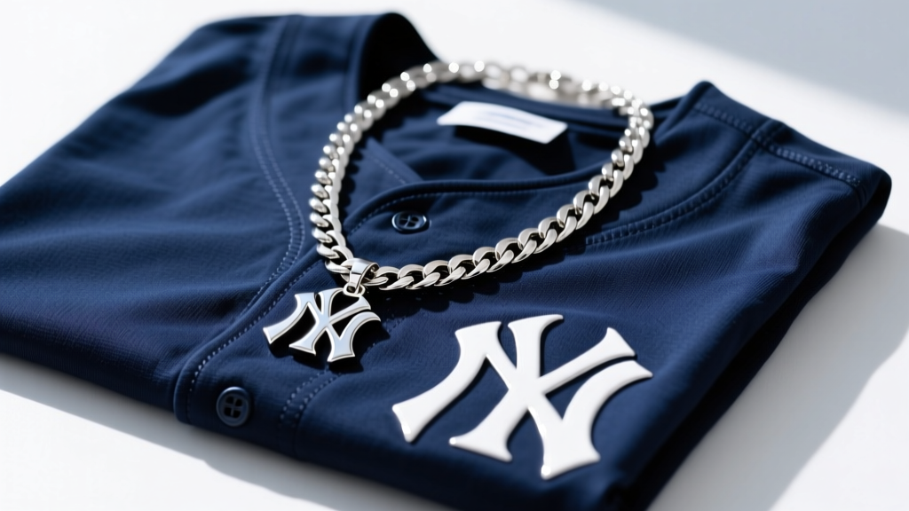 Stainless steel Cuban link necklace with a sterling silver Yankees logo pendant resting on a navy baseball jersey in bright sunlight