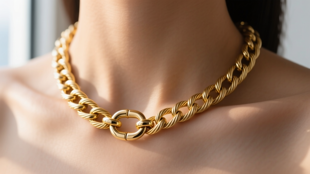 Macro shot of a 16 inch gold chain necklace on a collarbone, showing polished cable links and a lobster clasp in soft lighting