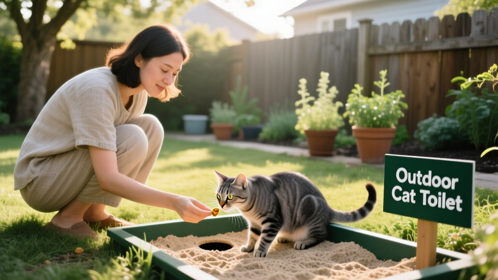 Cat owner crouching beside an outdoor litter spot, offering a treat while their cat sniffs the sand