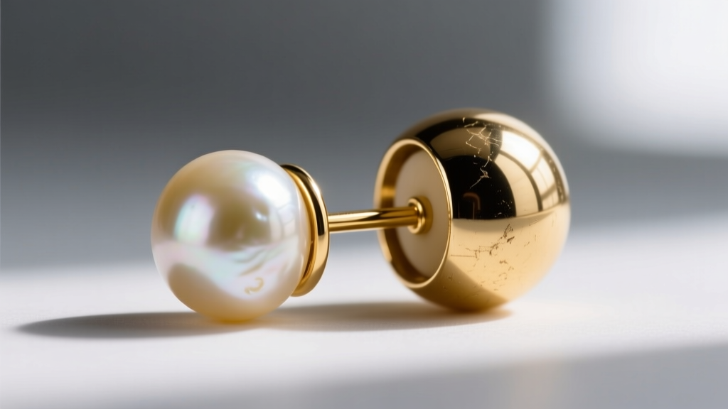 Macro shot of a disassembled gold double ball earring showing the front pearl, post, and large silicone-backed metal sphere