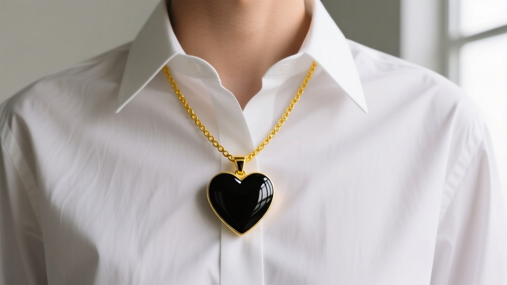 Black enamel heart pendant on a 20-inch yellow gold chain layered over a white button-down shirt, shot from a front angle