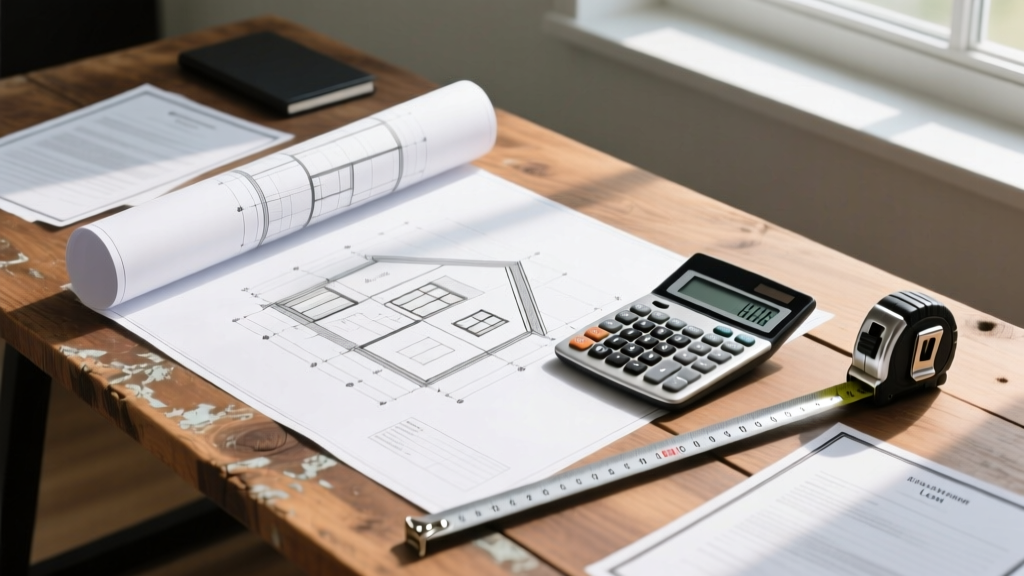 Blueprints on a wooden desk next to a financial calculator, loan documents, and a tape measure for custom home building
