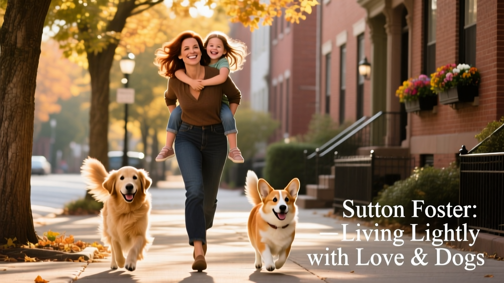 Sutton Foster walking down a tree-lined city street with Emily on her back and both dogs trotting happily beside her