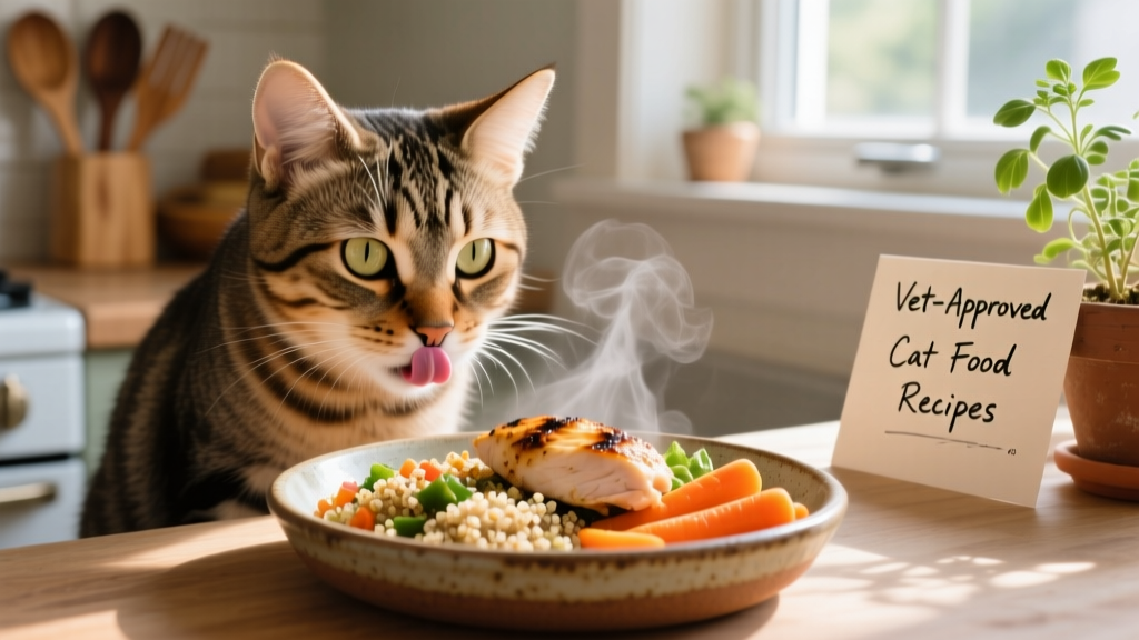 Close-up of a happy, healthy-looking tabby cat licking its lips after eating from a ceramic dish filled with homemade food