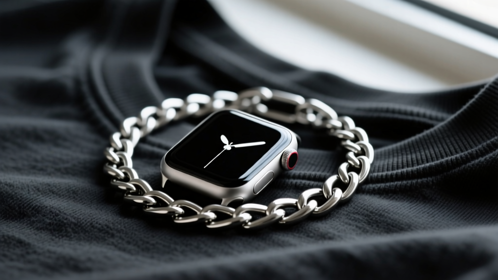 Close-up of an Apple Watch face on a thick 4mm stainless steel curb chain, resting against a dark charcoal cotton t-shirt fabric.
