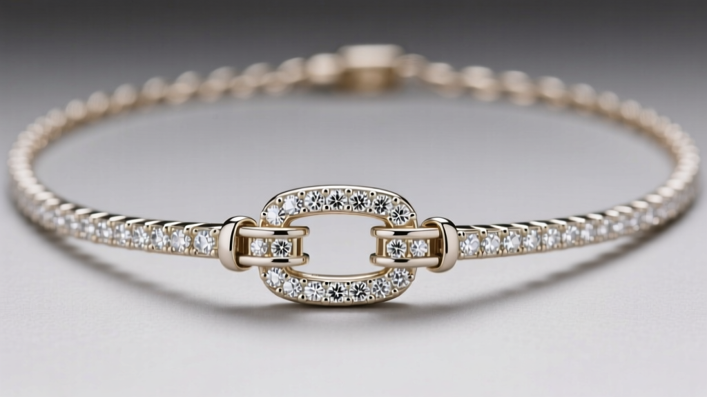 Close-up of a secure box clasp with dual safety catches on a white gold diamond riviera necklace, shot on a neutral gray backdrop.