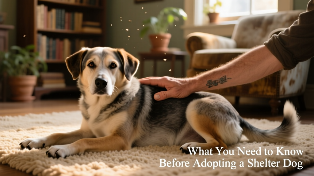 A relaxed, middle-aged mixed-breed dog lying contentedly on a rug beside a human hand offering gentle petting